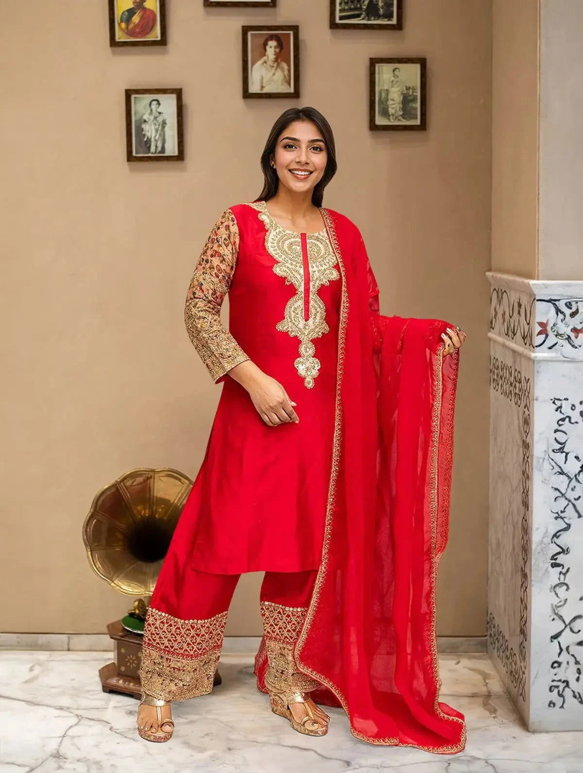 Red Chanderi Silk Suit - Pallodstore