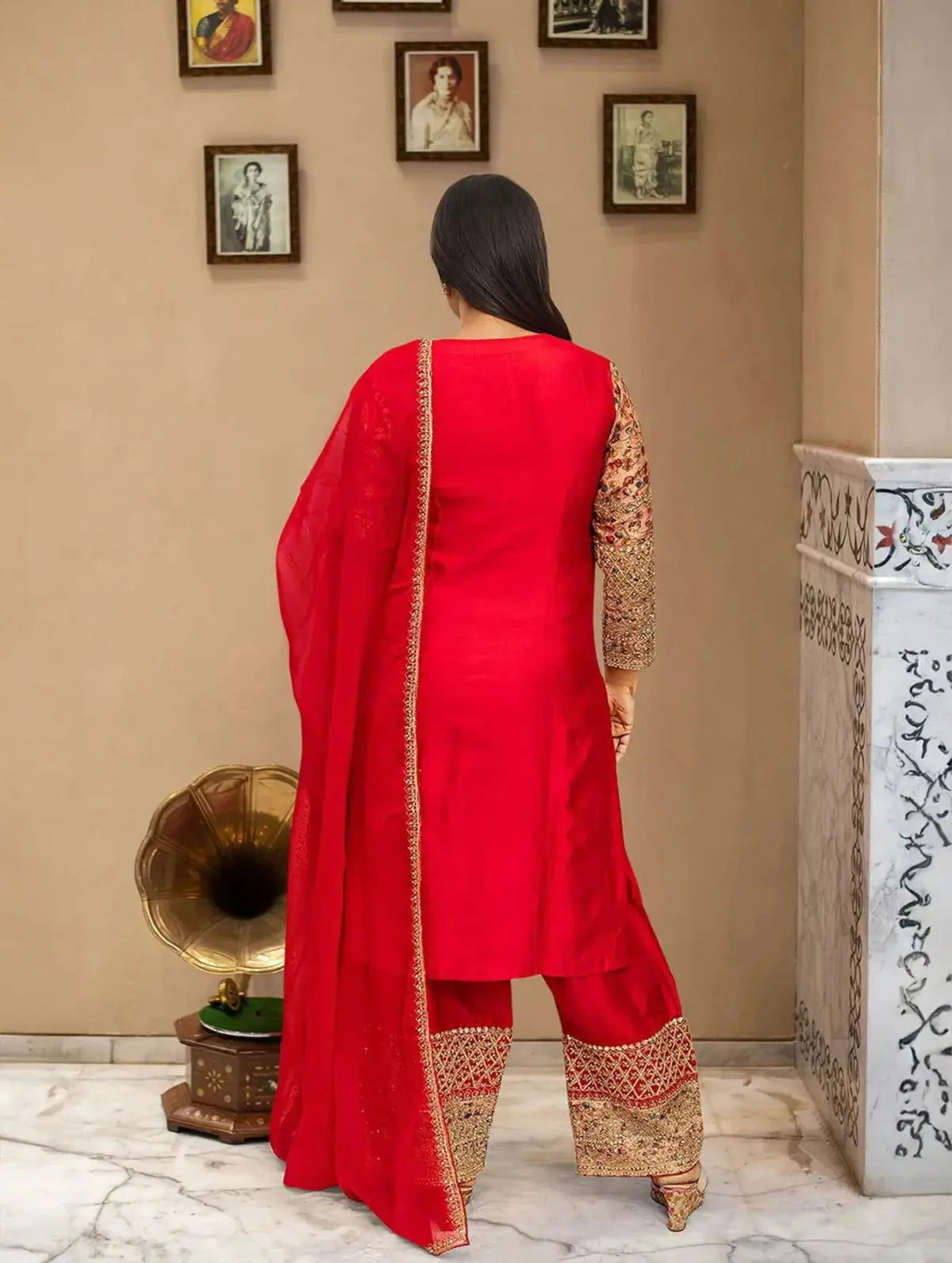 Red Chanderi Silk Suit - Pallodstore