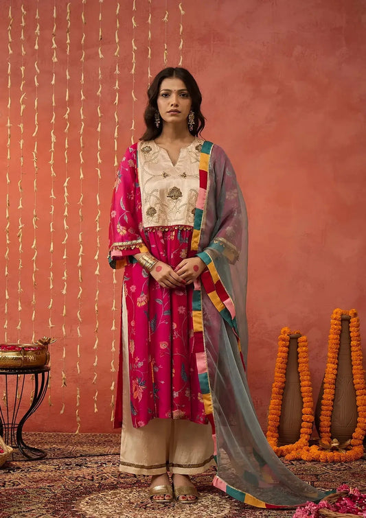 Red Chintz Chanderi Embroidered Kurta Set - Pallodstore