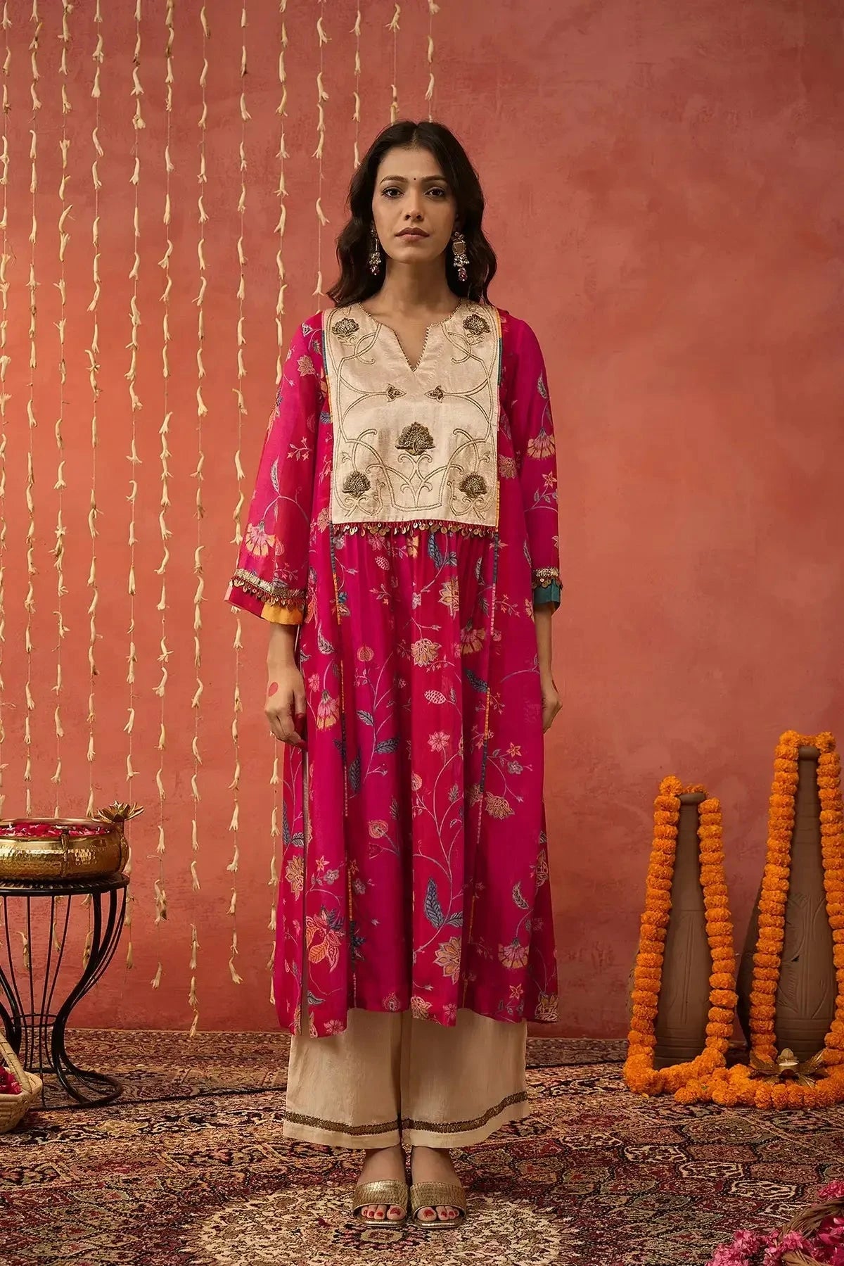 Red Chintz Chanderi Embroidered Kurta Set - Pallodstore