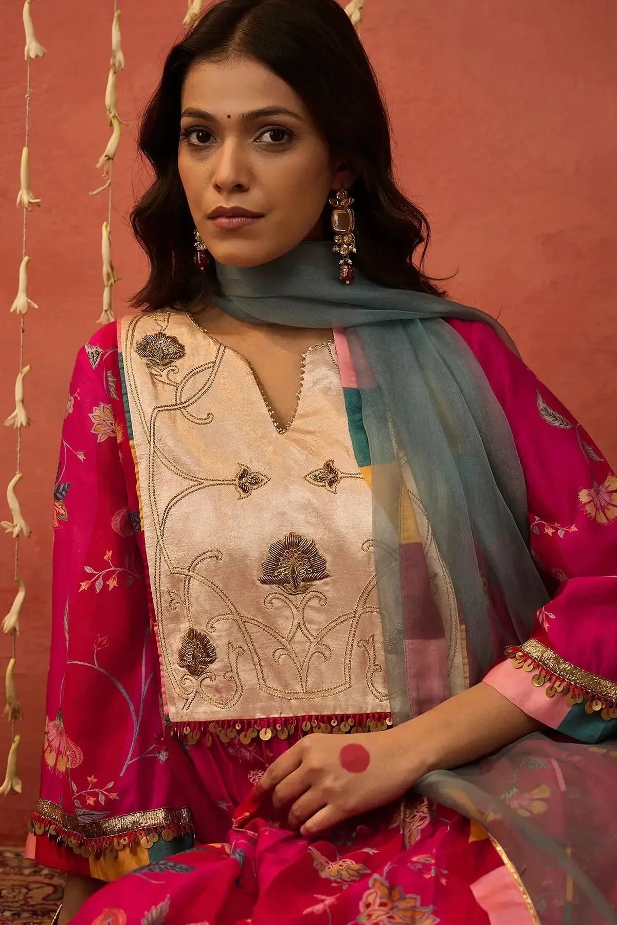 Red Chintz Chanderi Embroidered Kurta Set - Pallodstore
