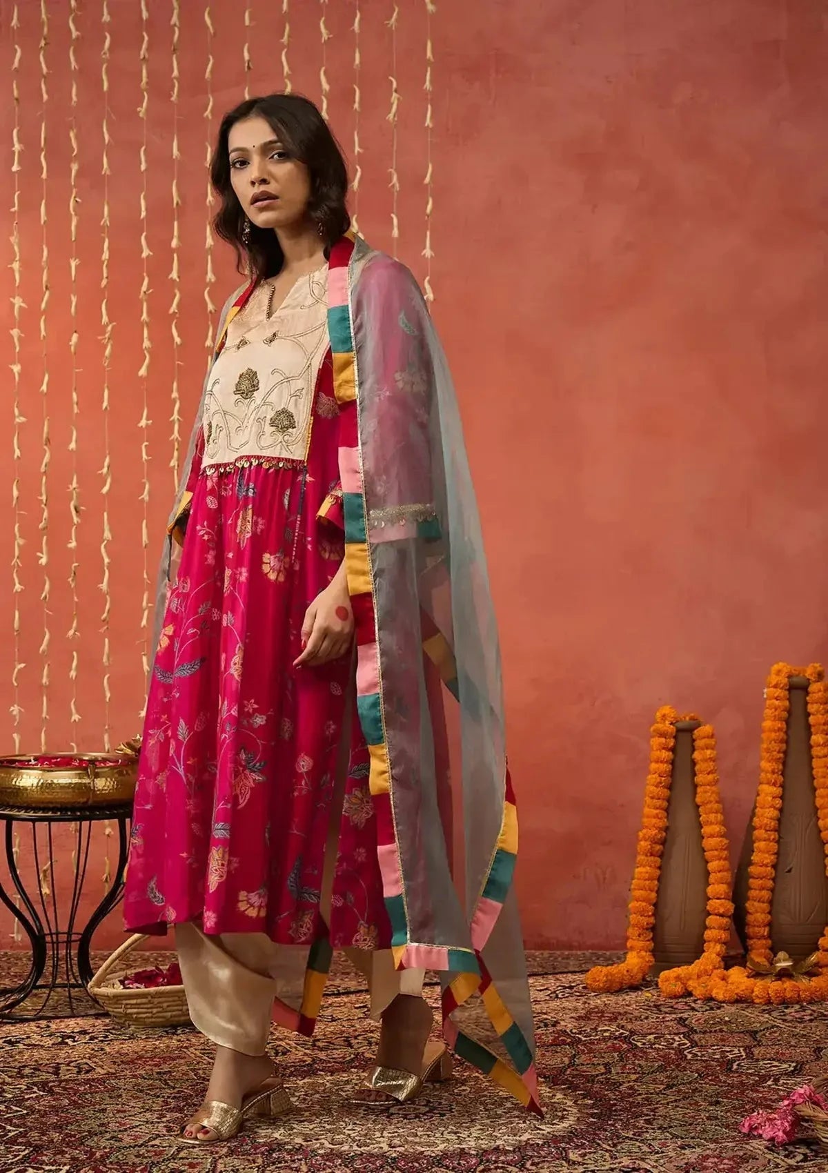 Red Chintz Chanderi Embroidered Kurta Set - Pallodstore
