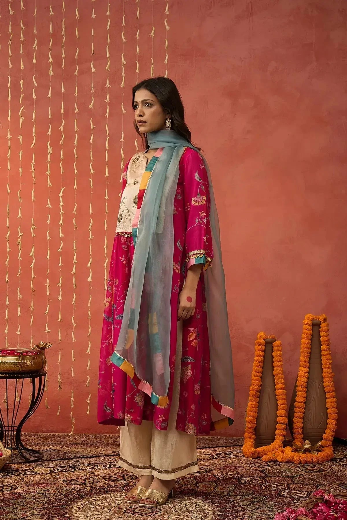 Red Chintz Chanderi Embroidered Kurta Set - Pallodstore