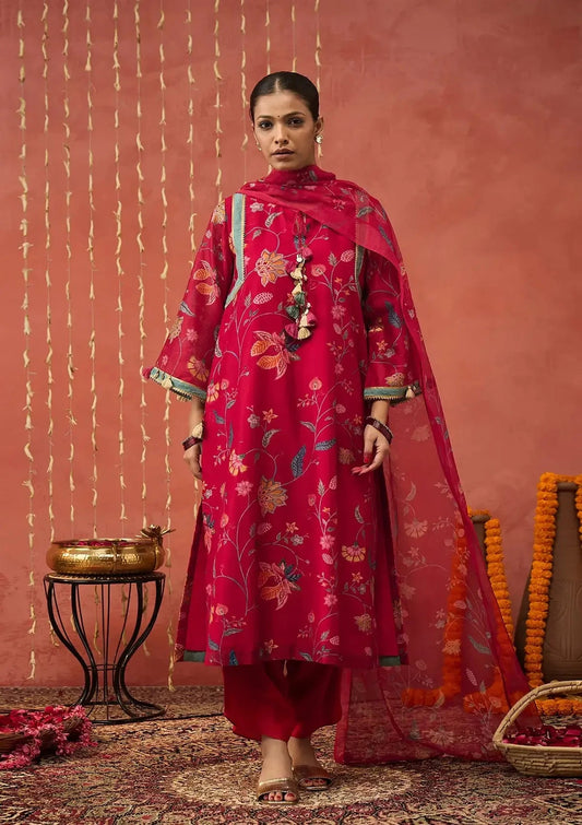 Red Chintz Chanderi Long Kurta Set - Pallodstore