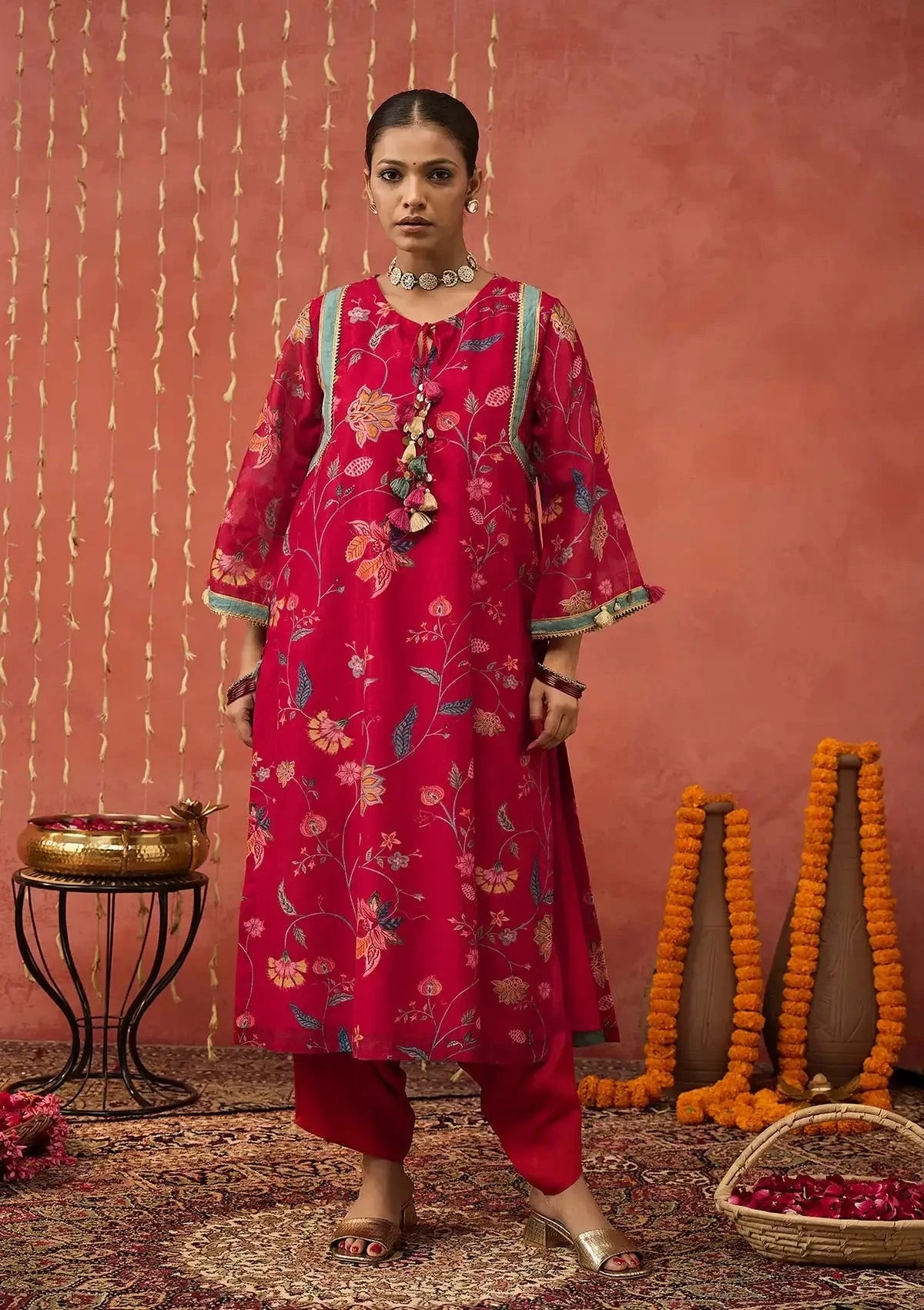 Red Chintz Chanderi Long Kurta Set - Pallodstore