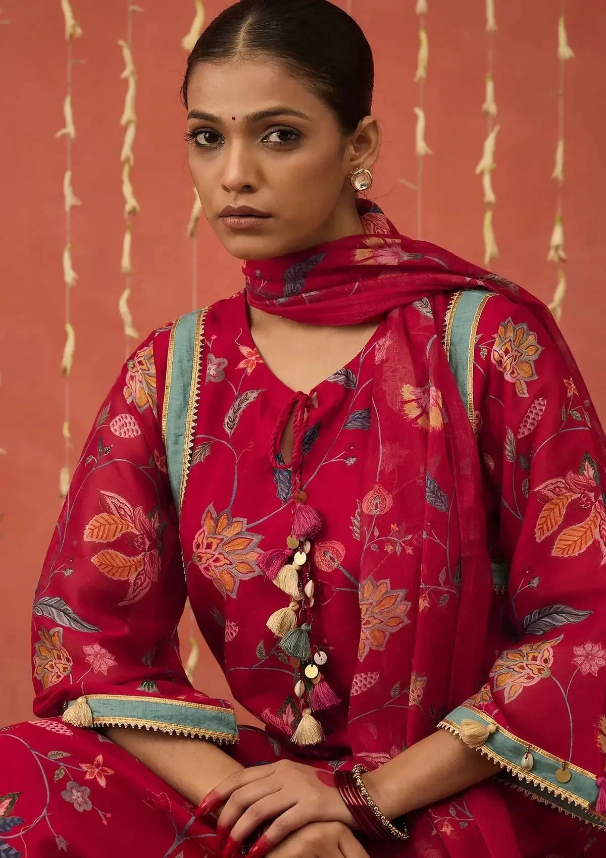 Red Chintz Chanderi Long Kurta Set - Pallodstore