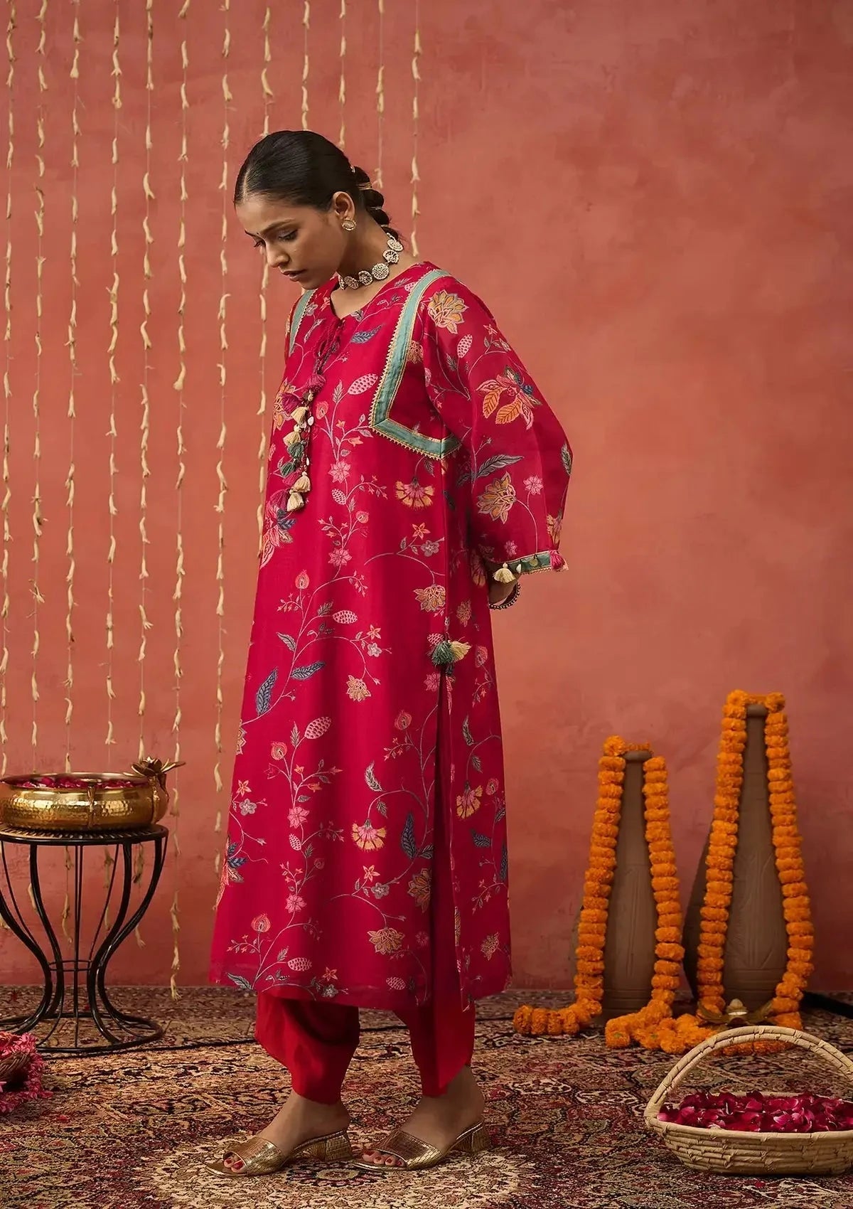 Red Chintz Chanderi Long Kurta Set - Pallodstore