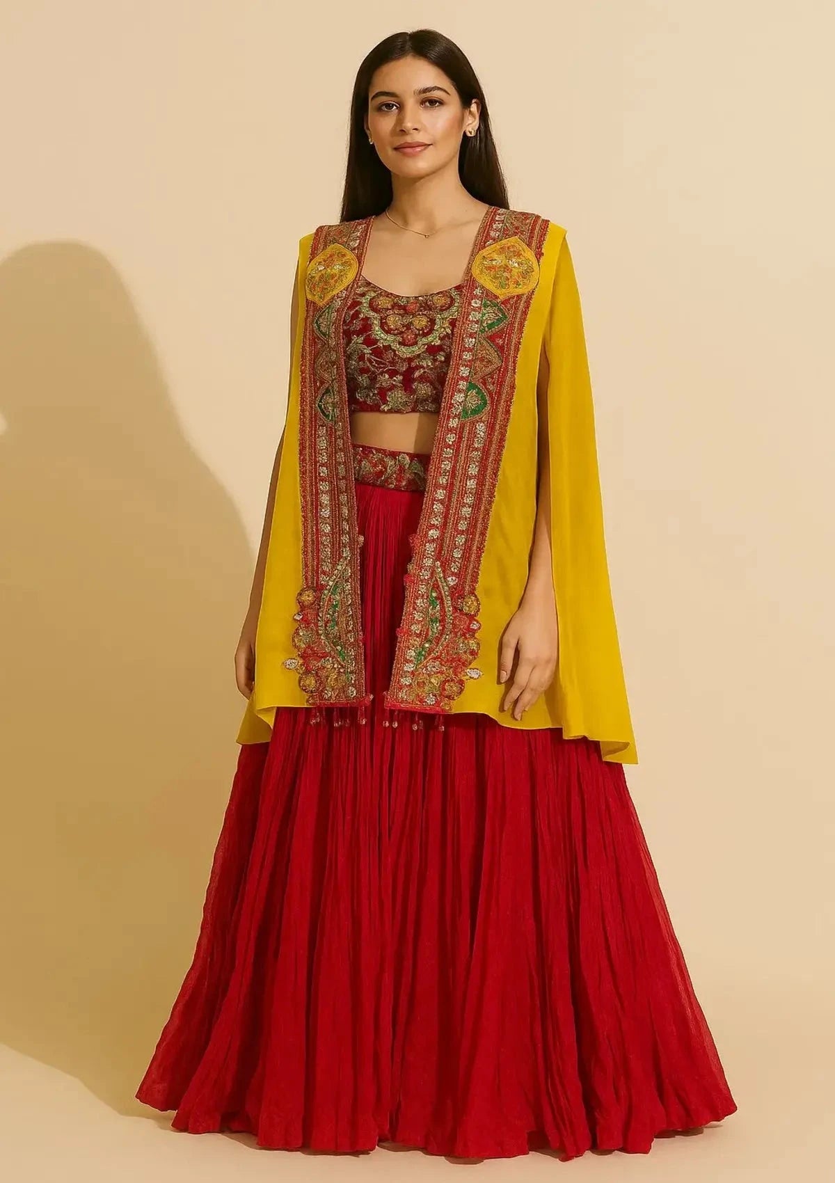 Red Crush Skirt Heavy Blouse With Up Down Yellow Cape - Pallodstore