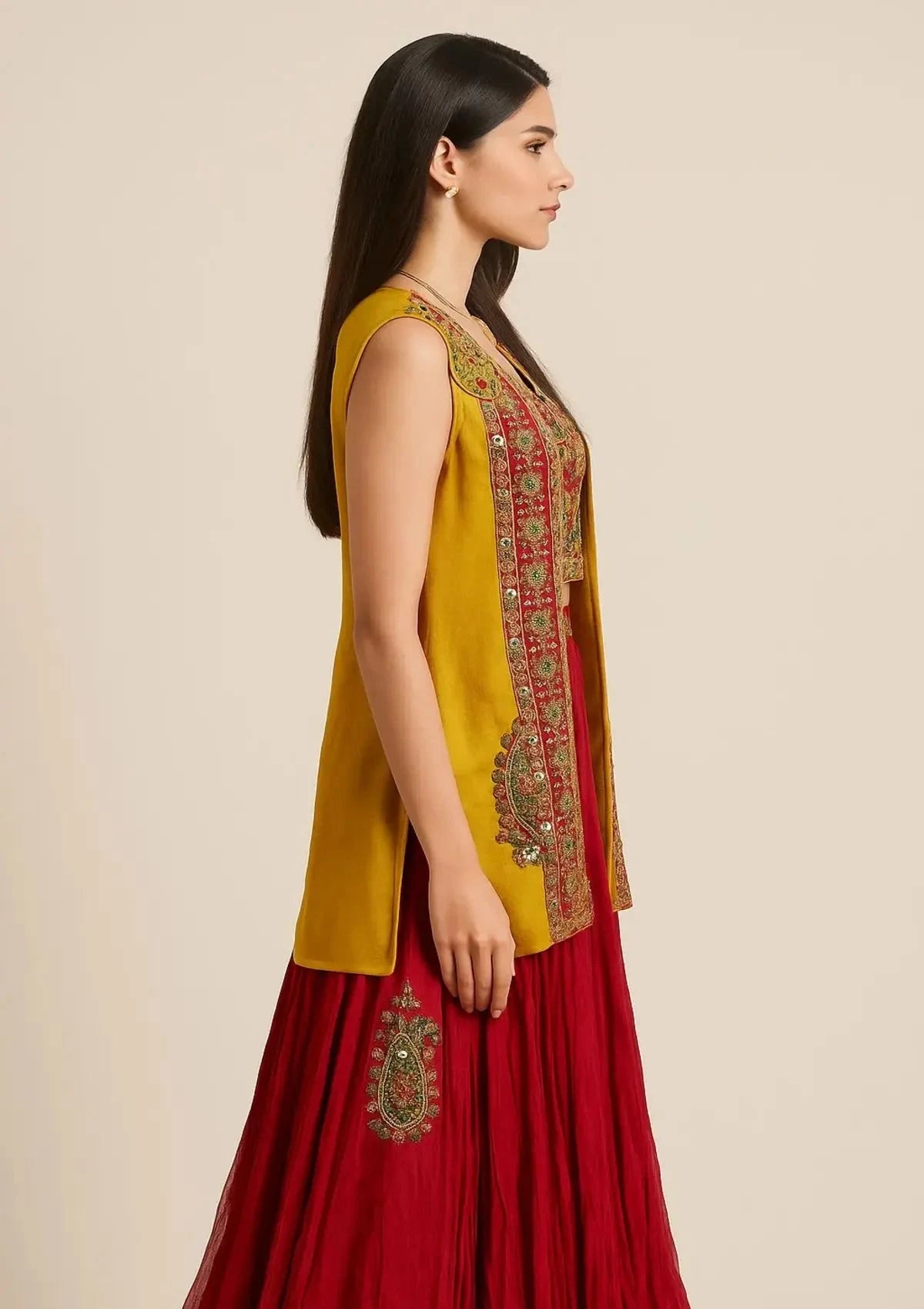 Red Crush Skirt Heavy Blouse With Up Down Yellow Cape - Pallodstore