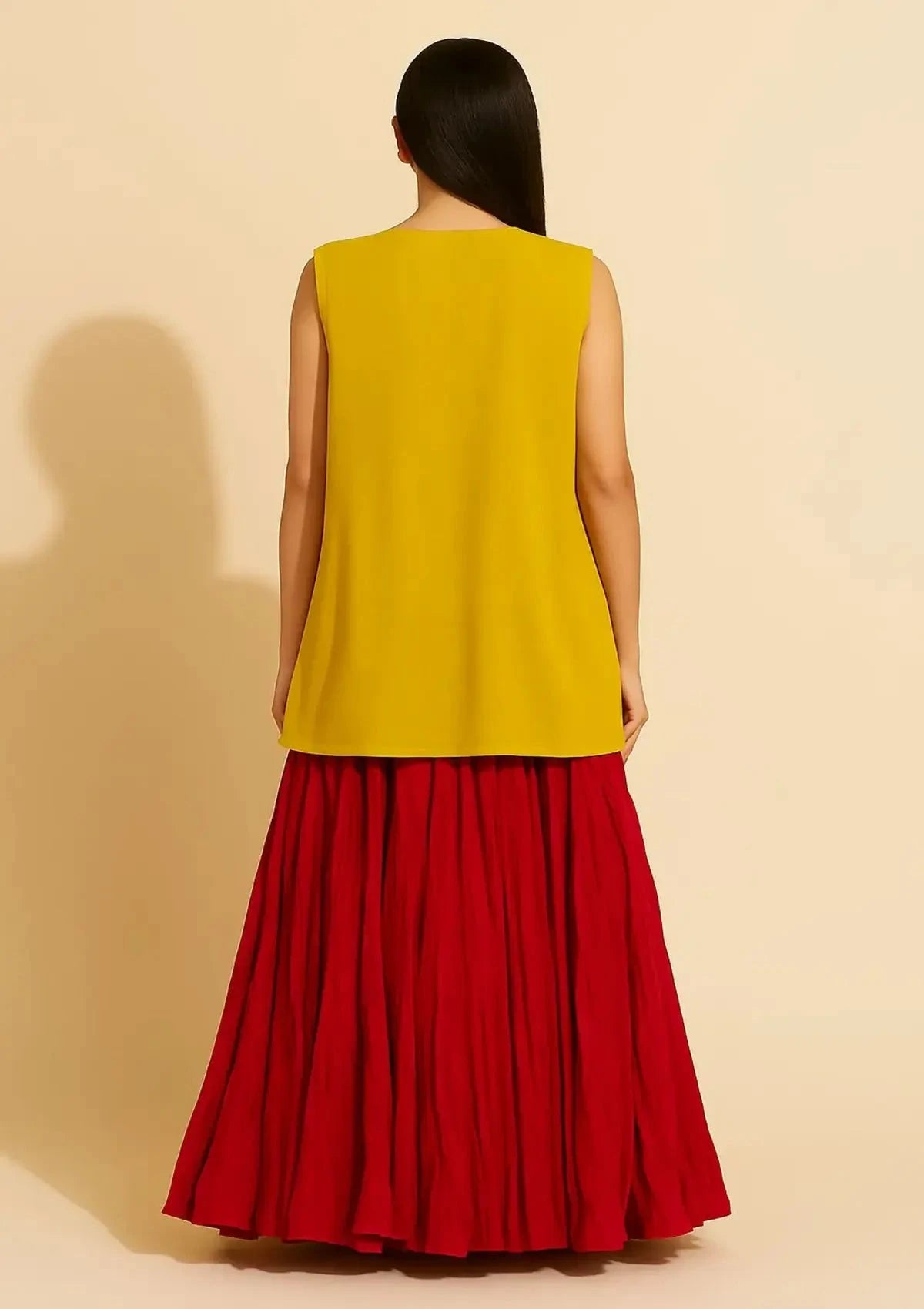 Red Crush Skirt Heavy Blouse With Up Down Yellow Cape - Pallodstore
