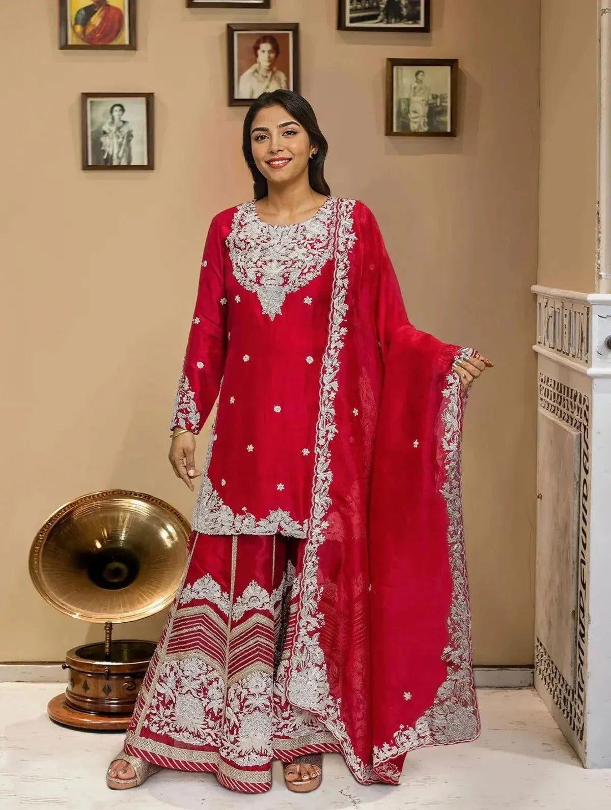 Red Customized Festive Sharara Set - Pallodstore