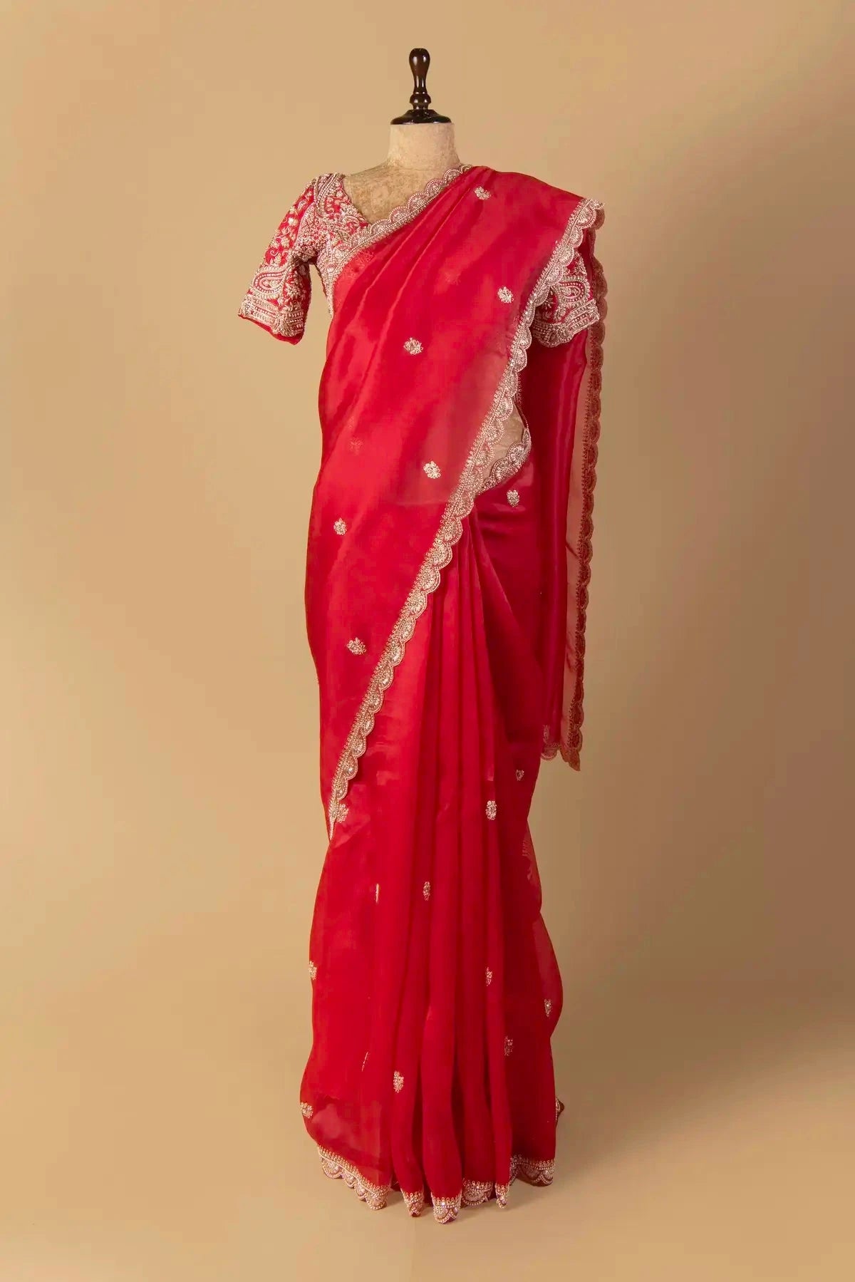 Red Embroidered Organza Saree - Pallodstore