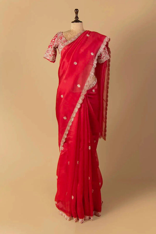 Red Embroidered Organza Saree - Pallodstore