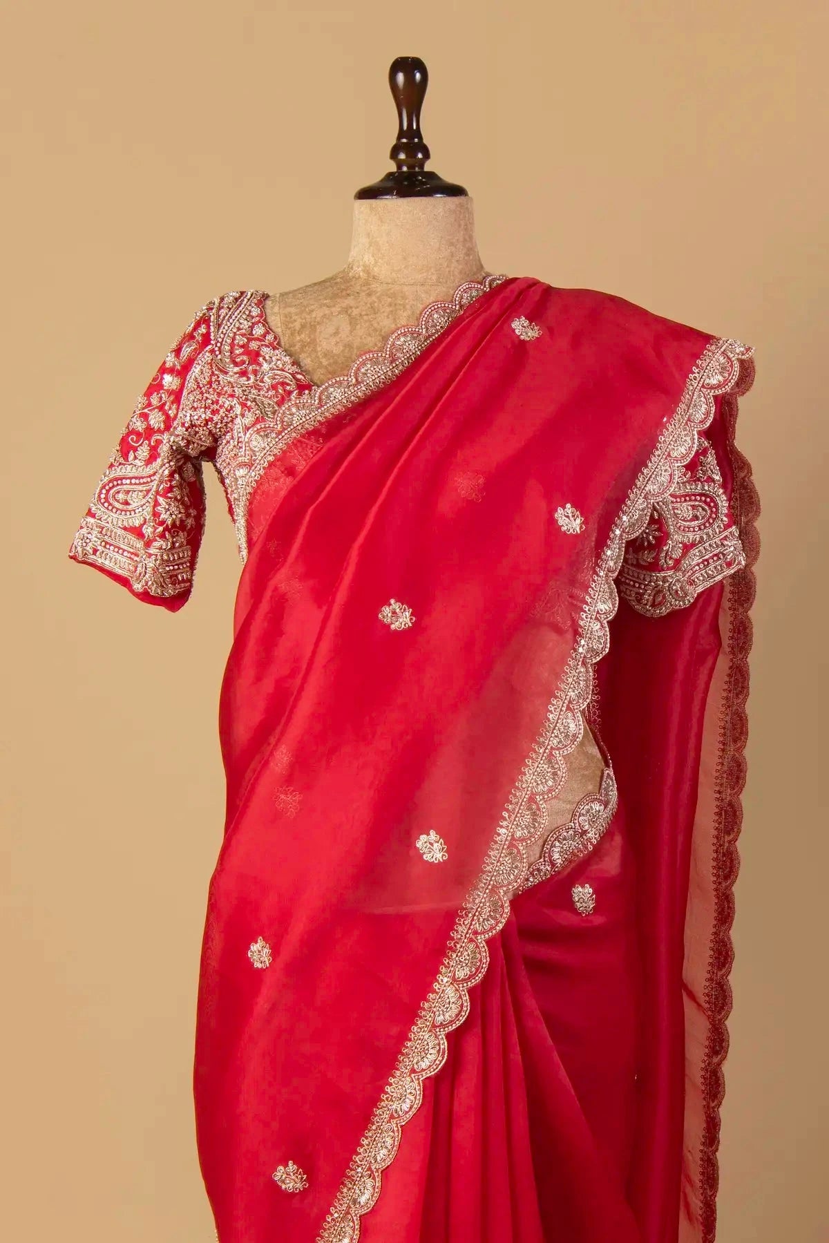 Red Embroidered Organza Saree - Pallodstore