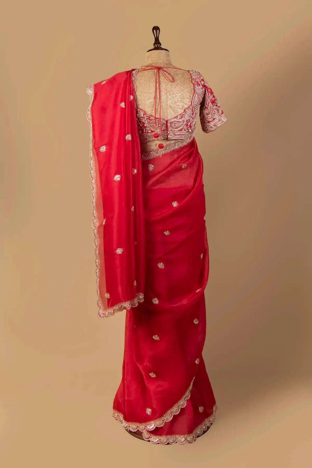 Red Embroidered Organza Saree - Pallodstore