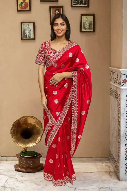 Red Embroidered Silk Saree - Pallodstore