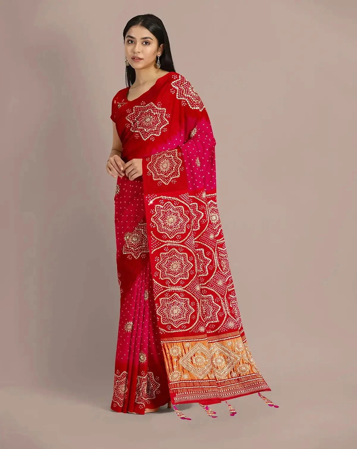 Red Gajji Silk Bandhej Saree - Pallodstore