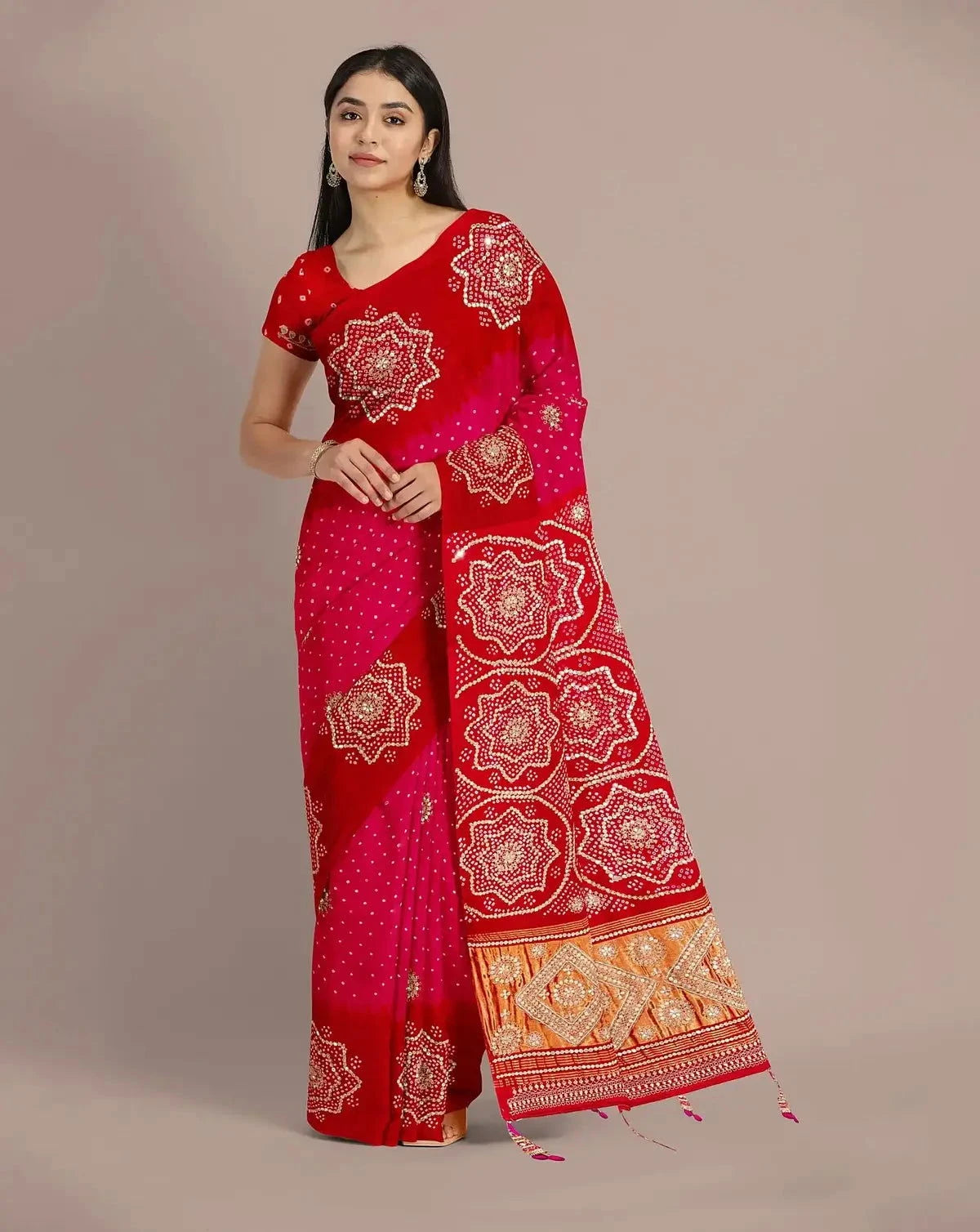 Red Gajji Silk Bandhej Saree - Pallodstore