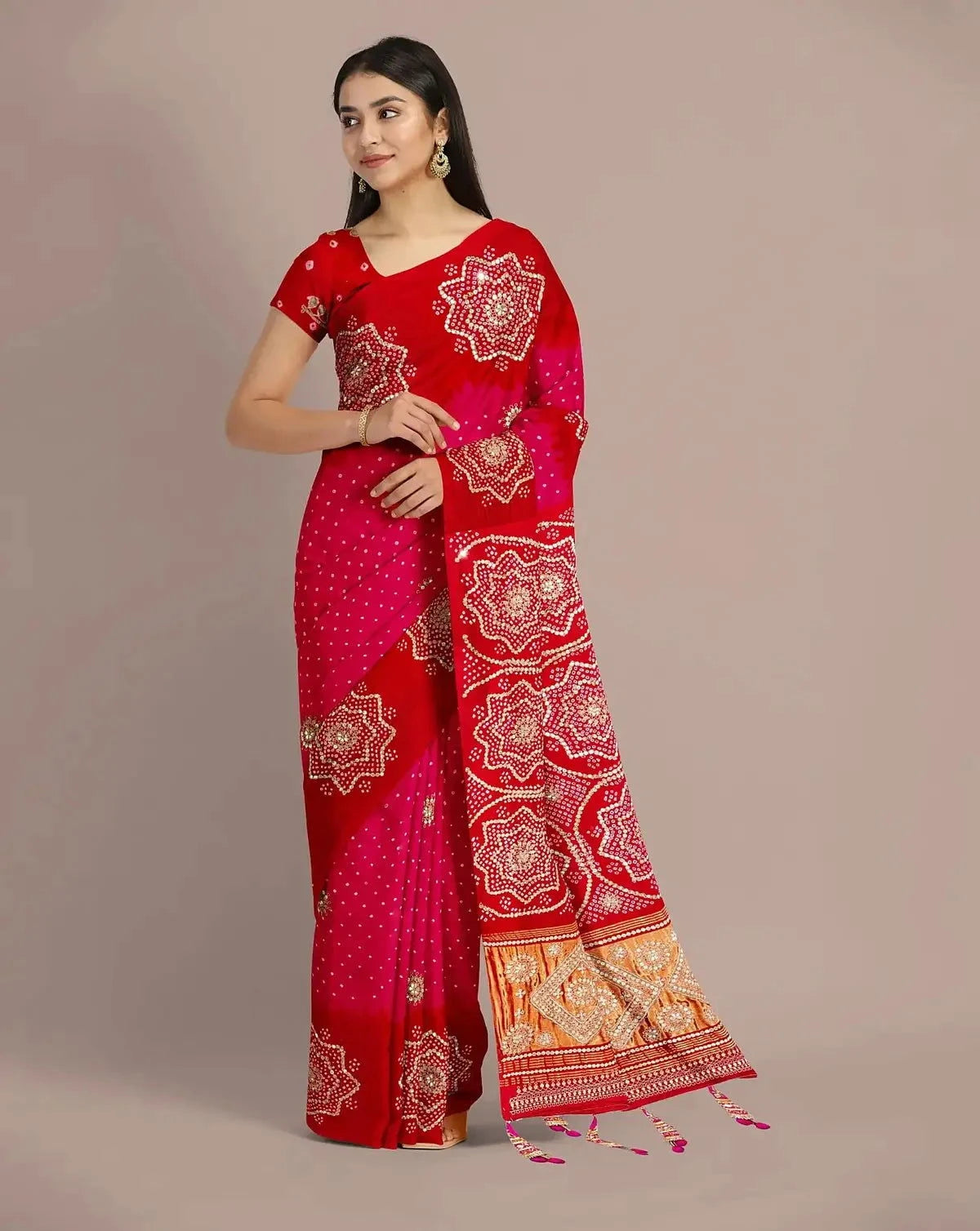 Red Gajji Silk Bandhej Saree - Pallodstore