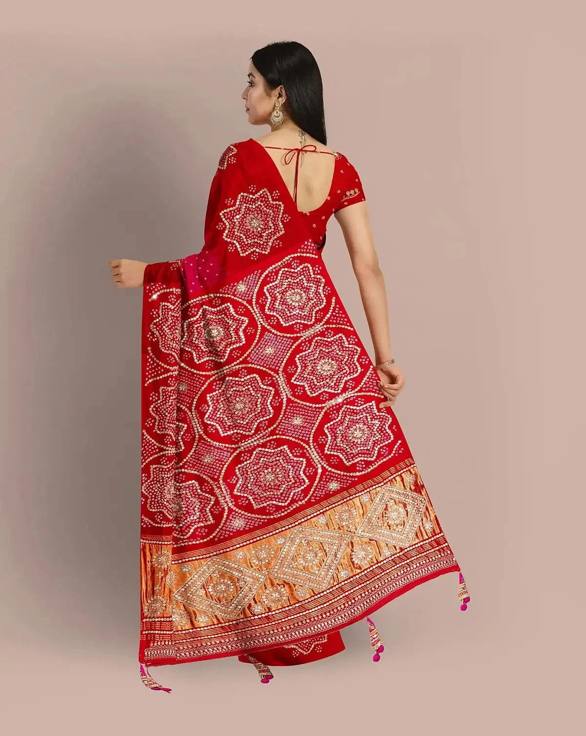 Red Gajji Silk Bandhej Saree - Pallodstore