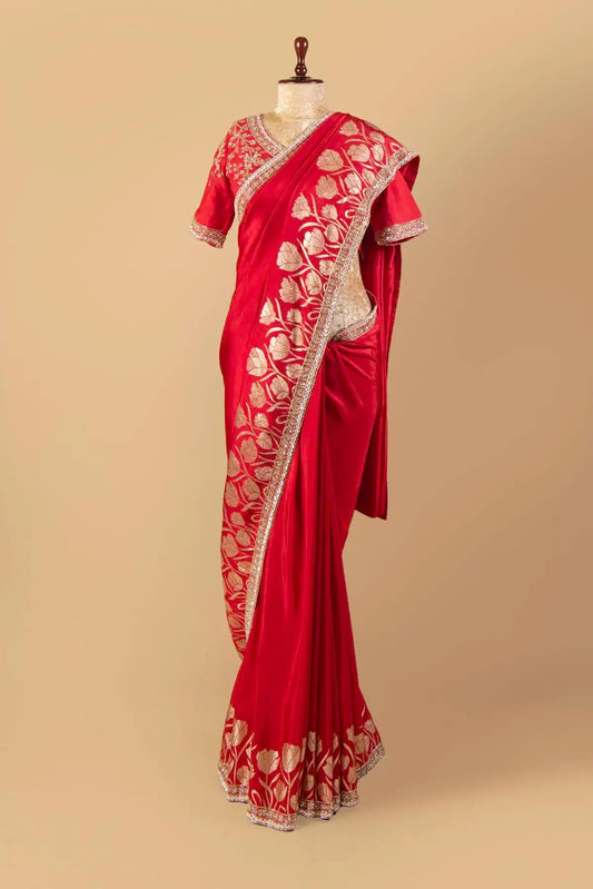 Red Hand Modal Embroidered Silk Saree - Pallodstore