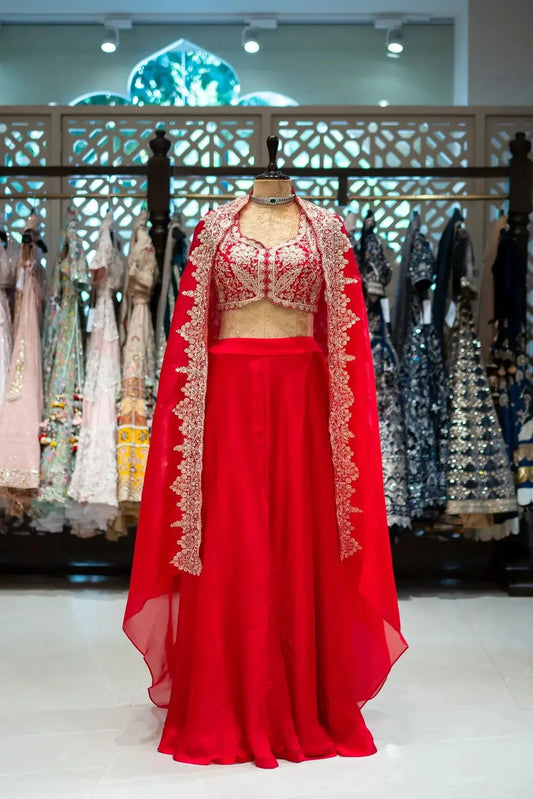 Red Indo-Western Cape Blouse And Palazzo - Pallodstore