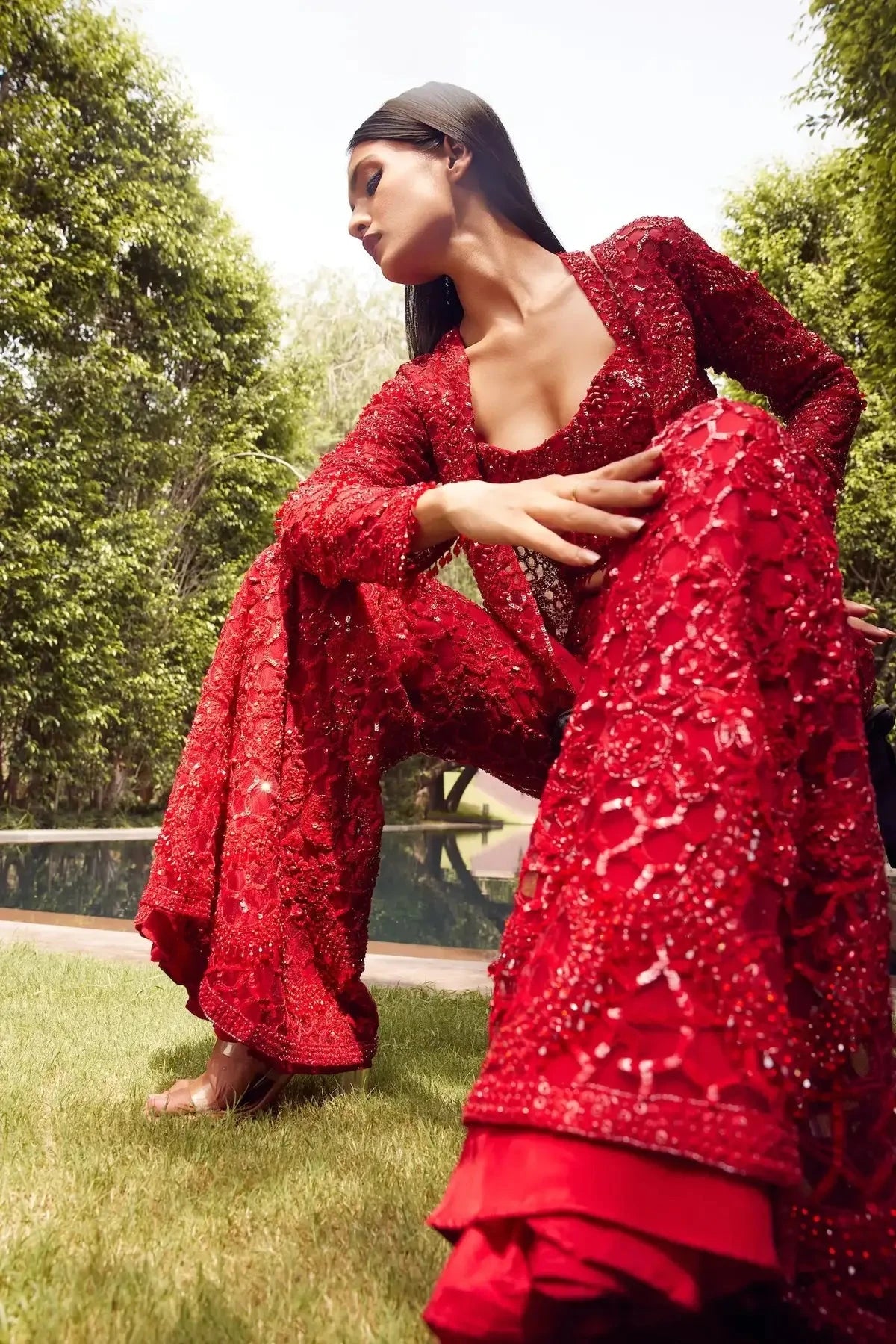 Red Indo-Western Short Jacket Set With Flaired Pants - Pallodstore
