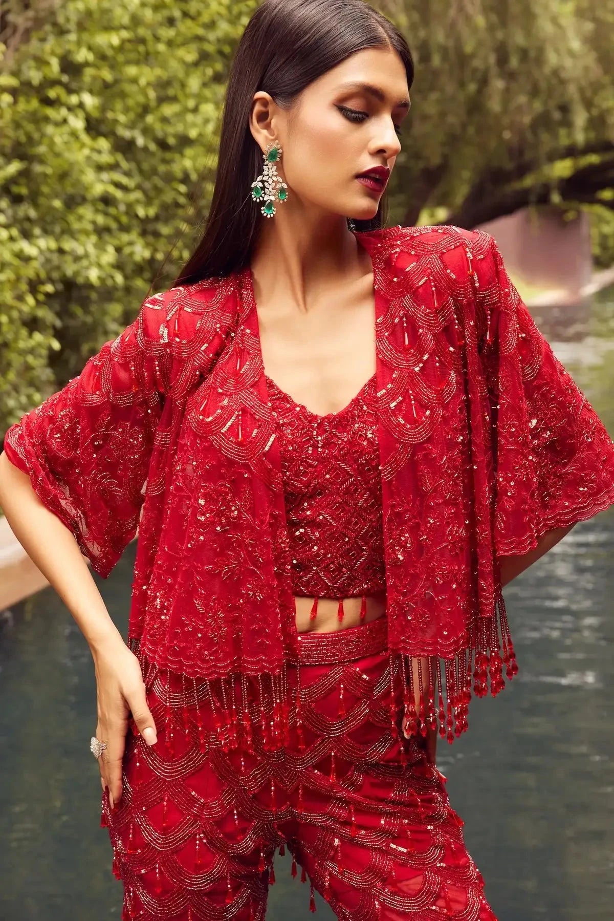 Red Indo Western Short Jacket Set With Flared Pants - Pallodstore