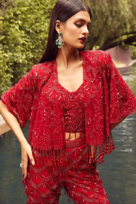 Red Indo Western Short Jacket Set With Flared Pants - Pallodstore