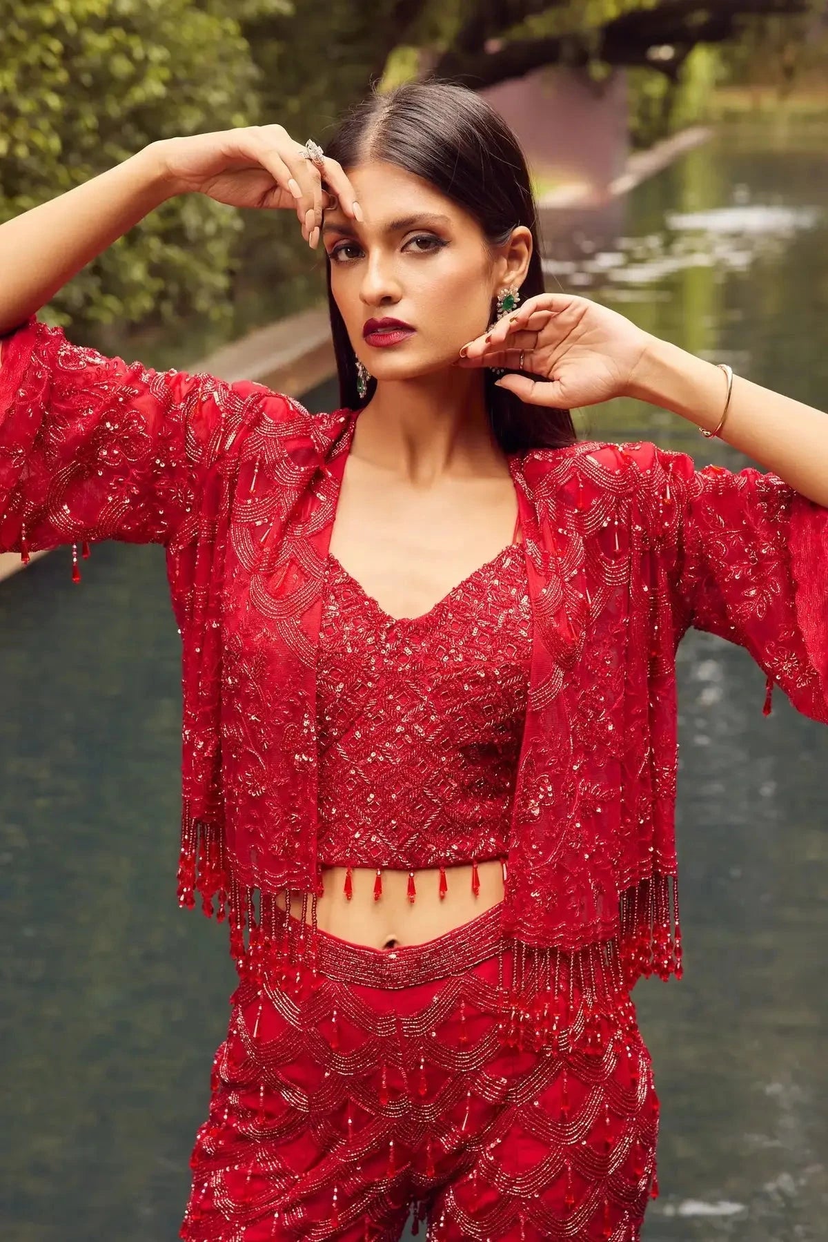 Red Indo Western Short Jacket Set With Flared Pants - Pallodstore