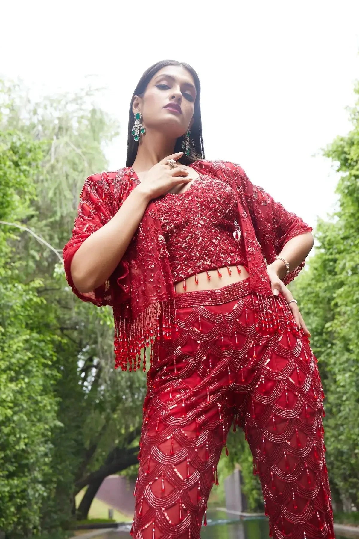 Red Indo Western Short Jacket Set With Flared Pants - Pallodstore