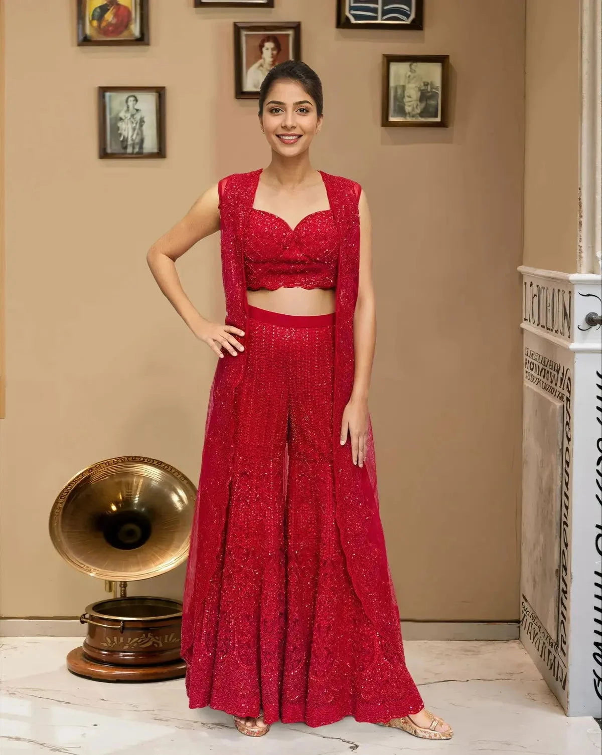 Red Net Embroidered Long Jacket Indo-Western Set - Pallodstore
