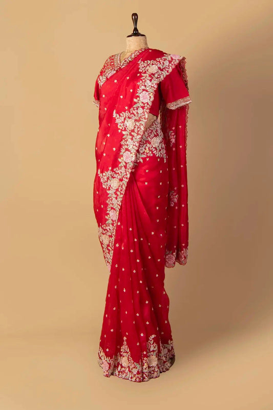 Red Organza Embroidered Saree - Pallodstore