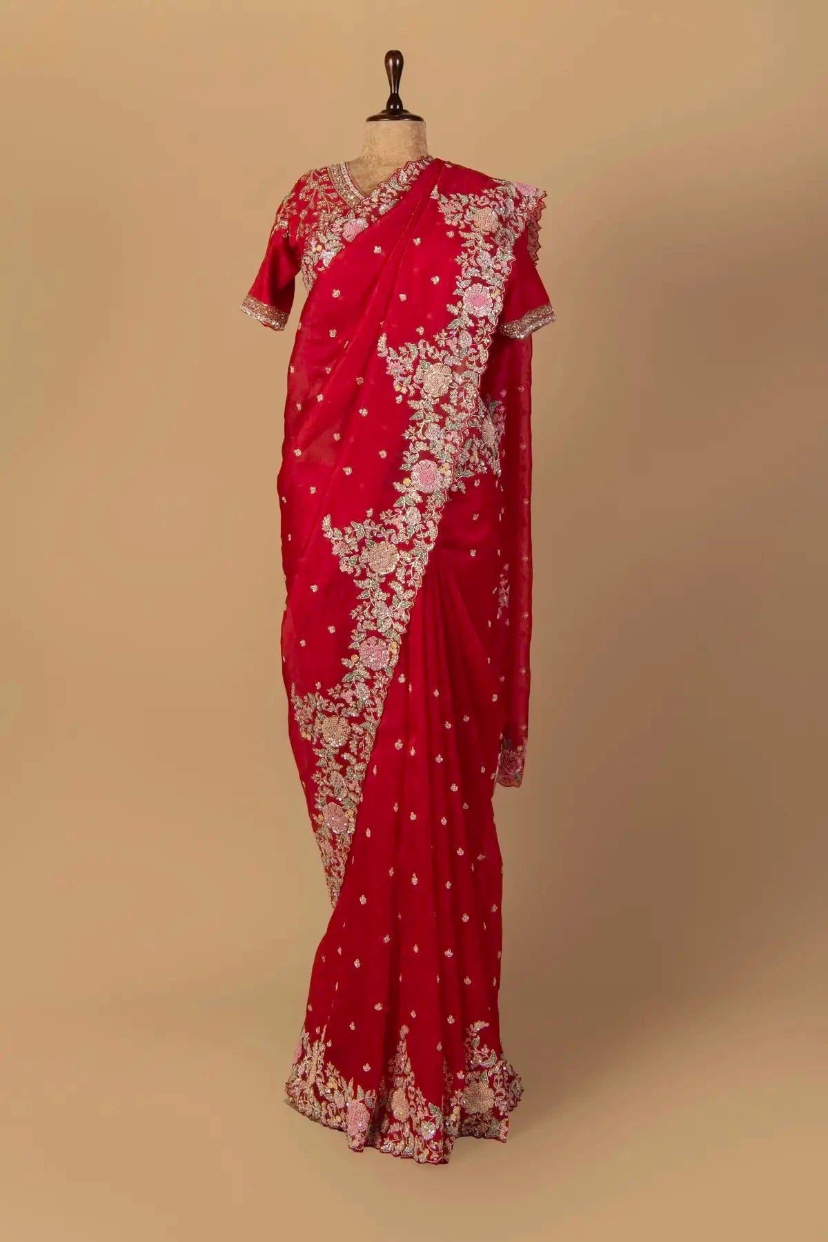 Red Organza Embroidered Saree - Pallodstore
