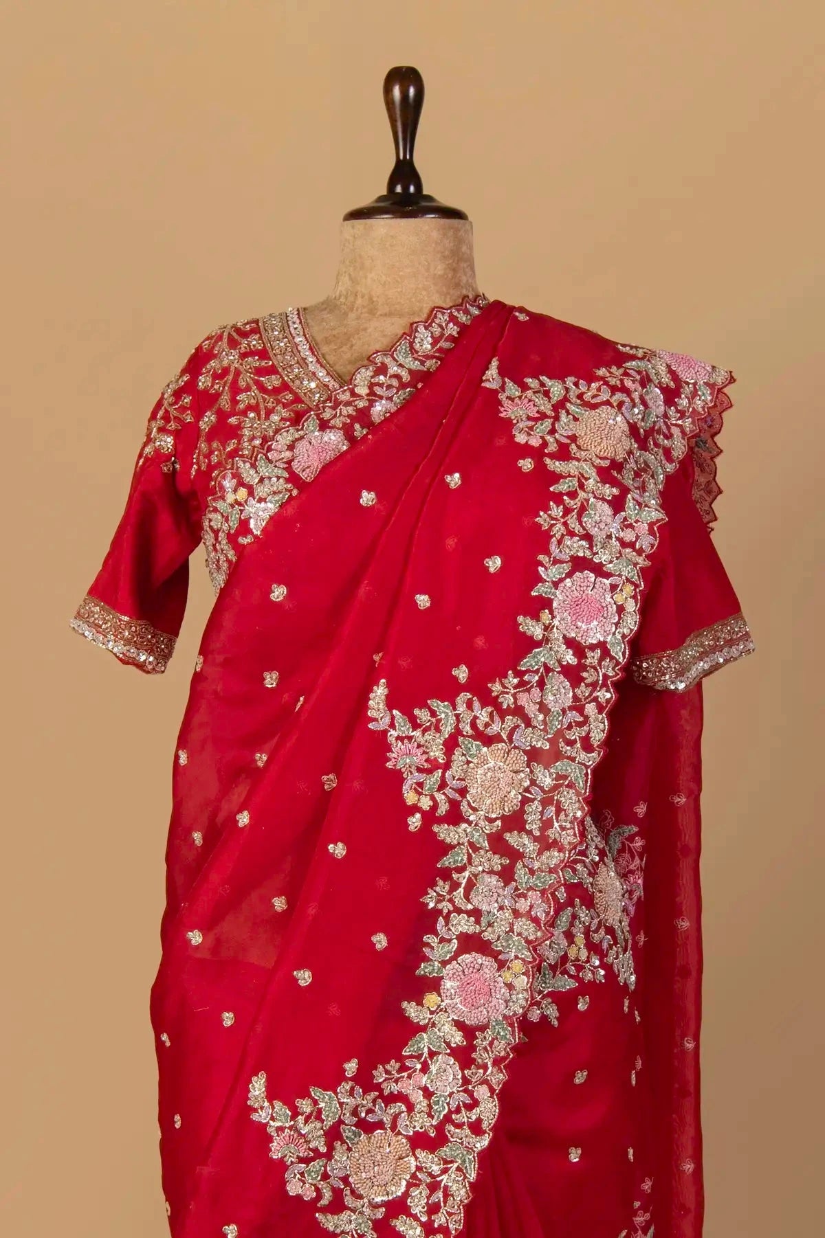 Red Organza Embroidered Saree - Pallodstore