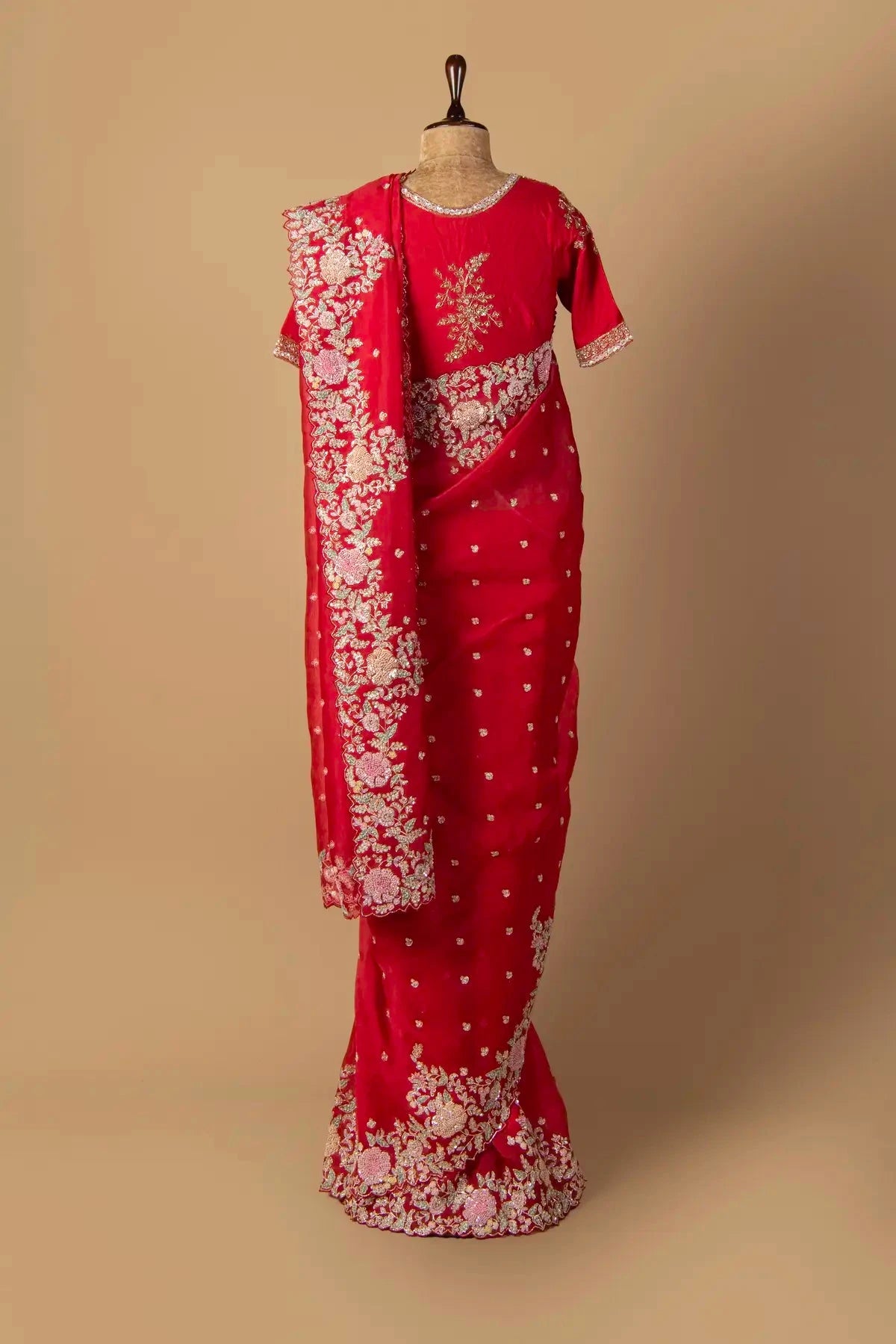 Red Organza Embroidered Saree - Pallodstore