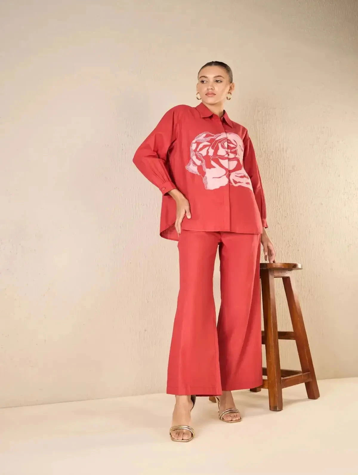 Red Oversize Cotton Shirt Co-ord Set - Pallodstore