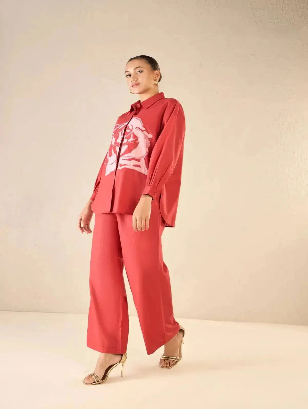 Red Oversize Cotton Shirt Co-ord Set - Pallodstore