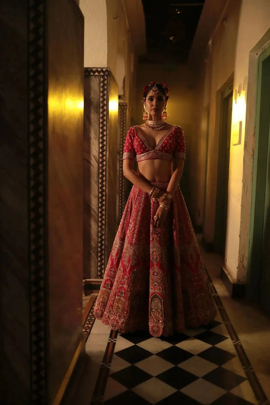 Red Raw Silk Lehenga - Pallodstore