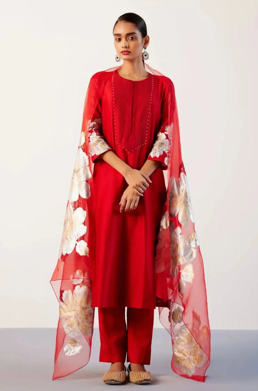 Red Silk Chanderi Hand-Painted Kurta Set - Pallodstore