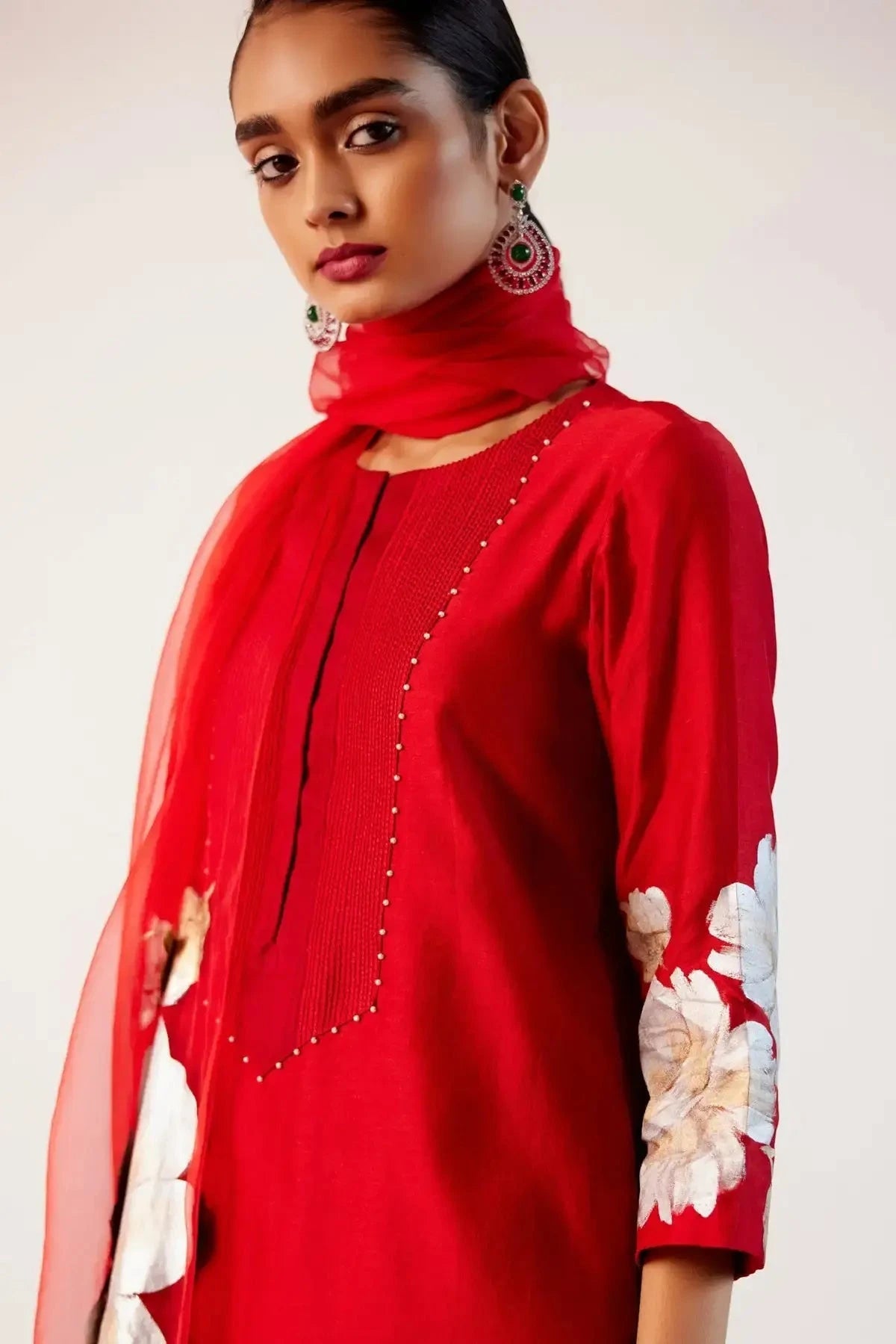 Red Silk Chanderi Hand-Painted Kurta Set - Pallodstore