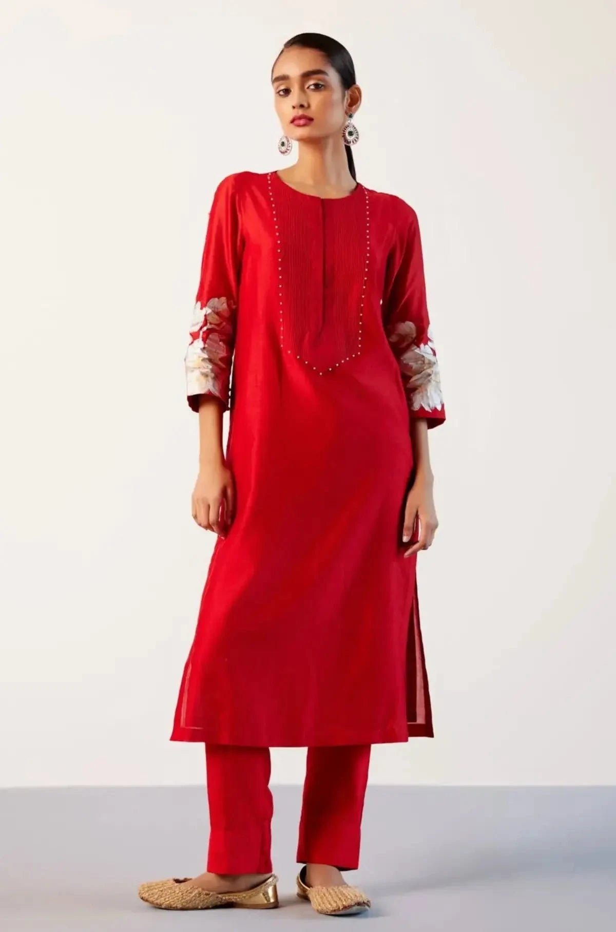 Red Silk Chanderi Hand-Painted Kurta Set - Pallodstore