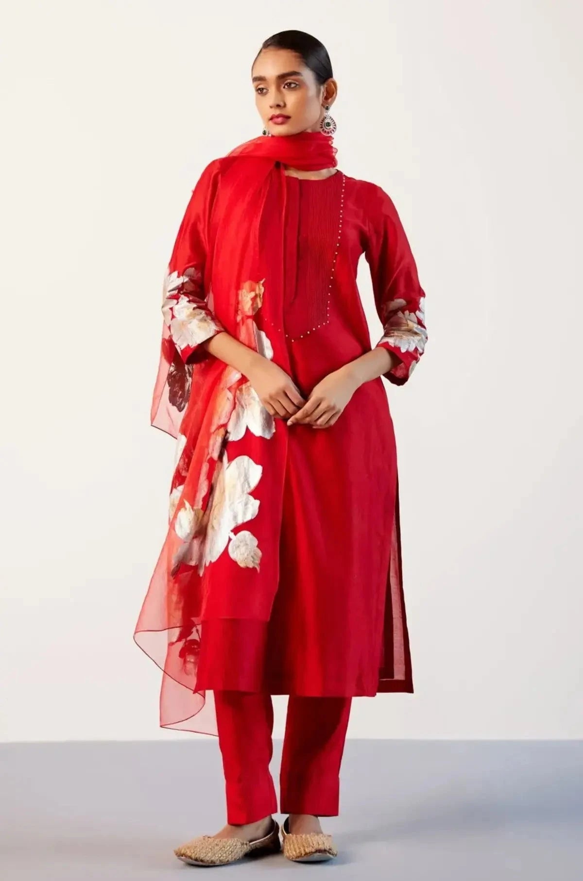Red Silk Chanderi Hand-Painted Kurta Set - Pallodstore