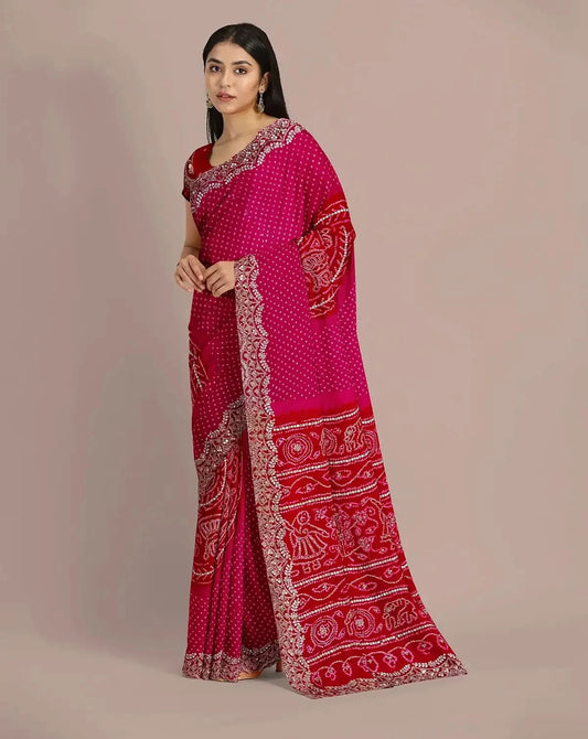 Red and Pink Bandhej Saree - Pallodstore