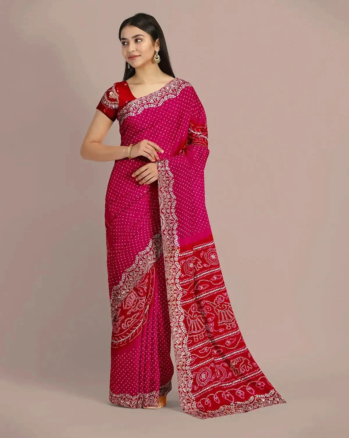 Red and Pink Bandhej Saree - Pallodstore