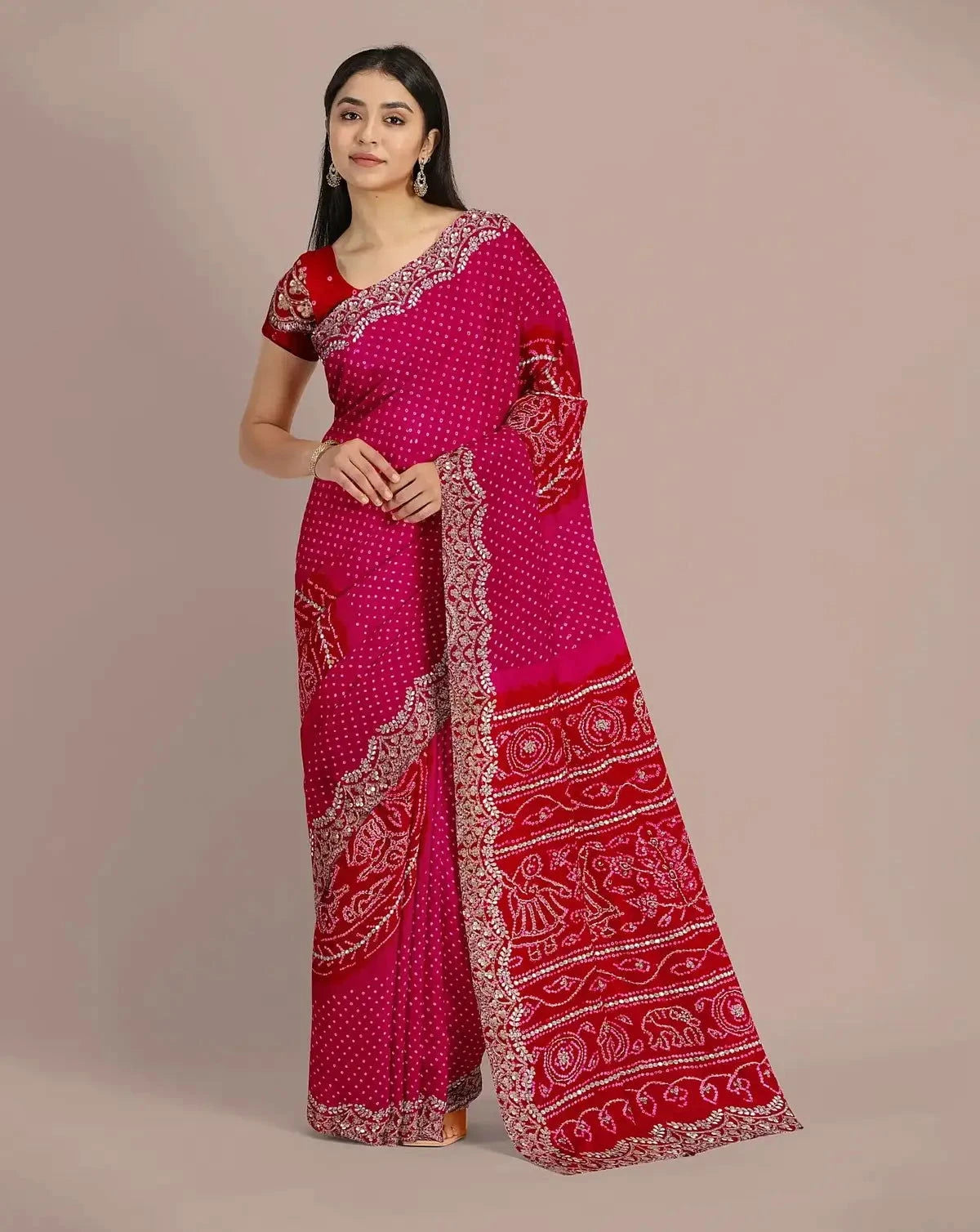 Red and Pink Bandhej Saree - Pallodstore