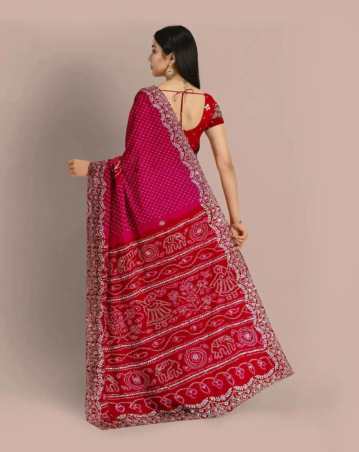 Red and Pink Bandhej Saree - Pallodstore