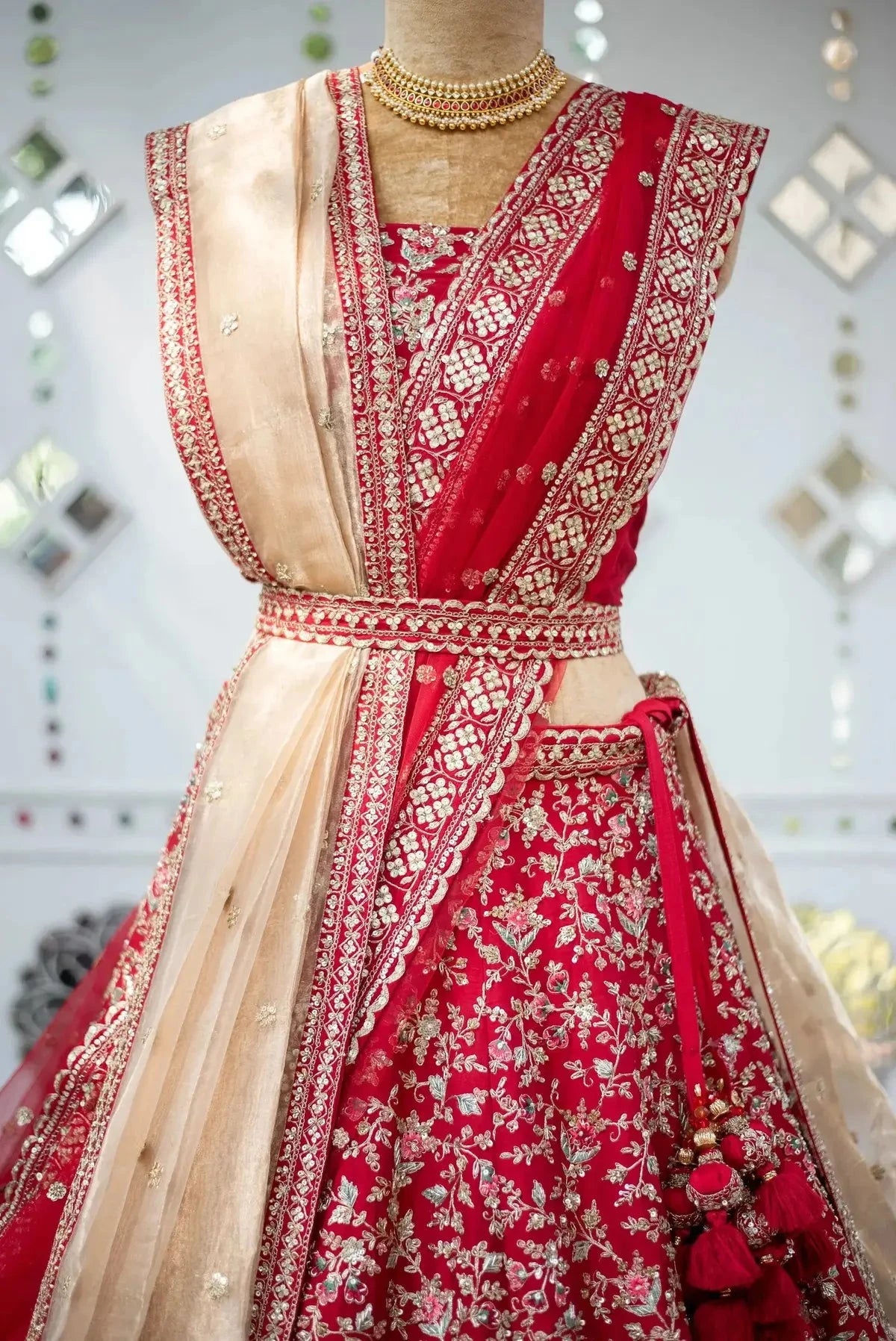 Red silk with gold tissue dupatta - Pallodstore