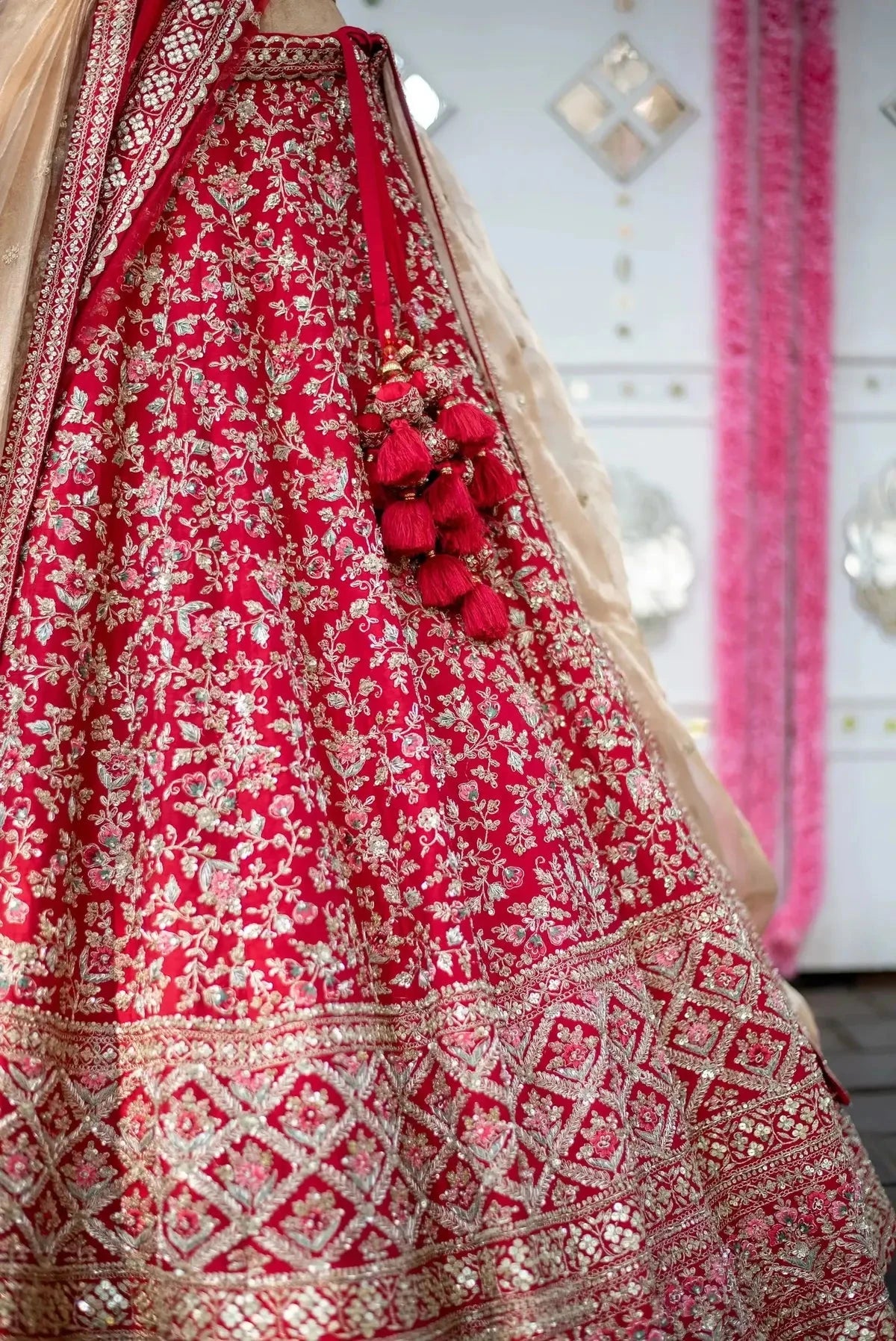 Red silk with gold tissue dupatta - Pallodstore