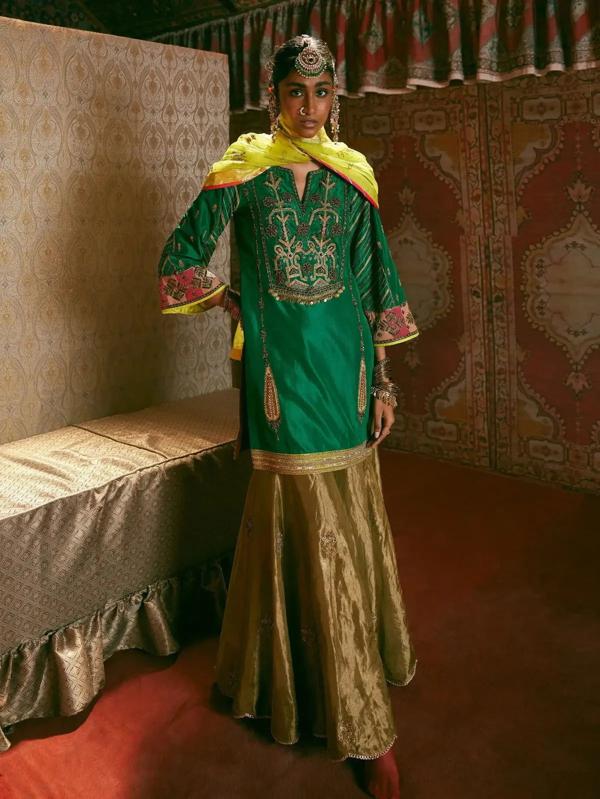 Reejh Emerald Green Challi Kurta Gharara Set - Pallodstore
